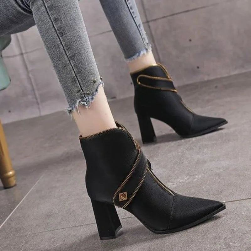 Front Zipper Metal Buckle Strap Short Tube Women's Boots