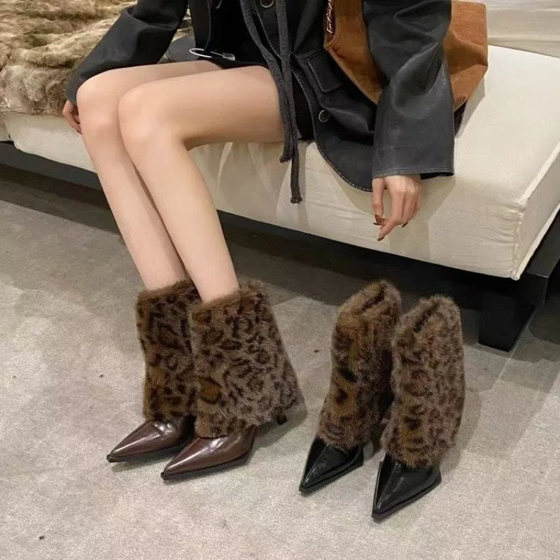 Sharp Pointed Thin Heel Leopard Print Hairy Short Boots