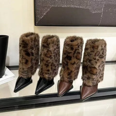 Sharp Pointed Thin Heel Leopard Print Hairy Short Boots