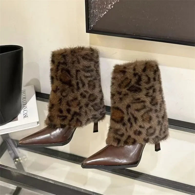 Sharp Pointed Thin Heel Leopard Print Hairy Short Boots