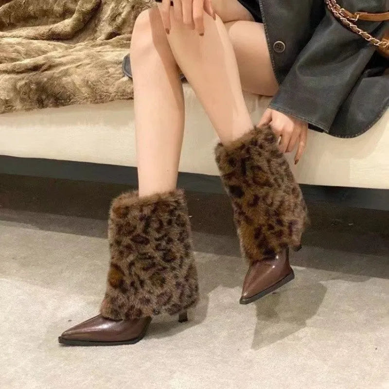 Sharp Pointed Thin Heel Leopard Print Hairy Short Boots