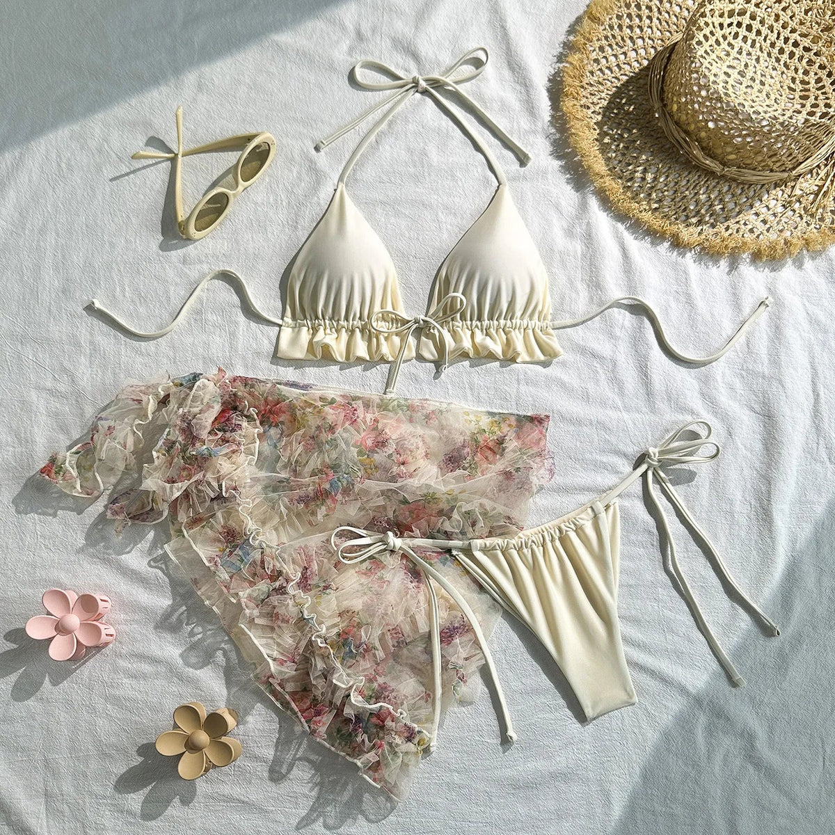 Sheer Cover Up Bikini Set 3-Piece Sun Protection Swimsuit Mesh Swimsuit See Through Coverup Bikini Sets
