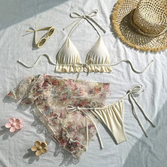 Sheer Cover Up Bikini Set 3-Piece Sun Protection Swimsuit Mesh Swimsuit See Through Coverup Bikini Sets