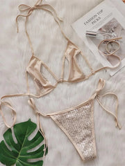 Shiny Sequins Halter Cut Out Strappy Bikini Two-pieces Bikini Set