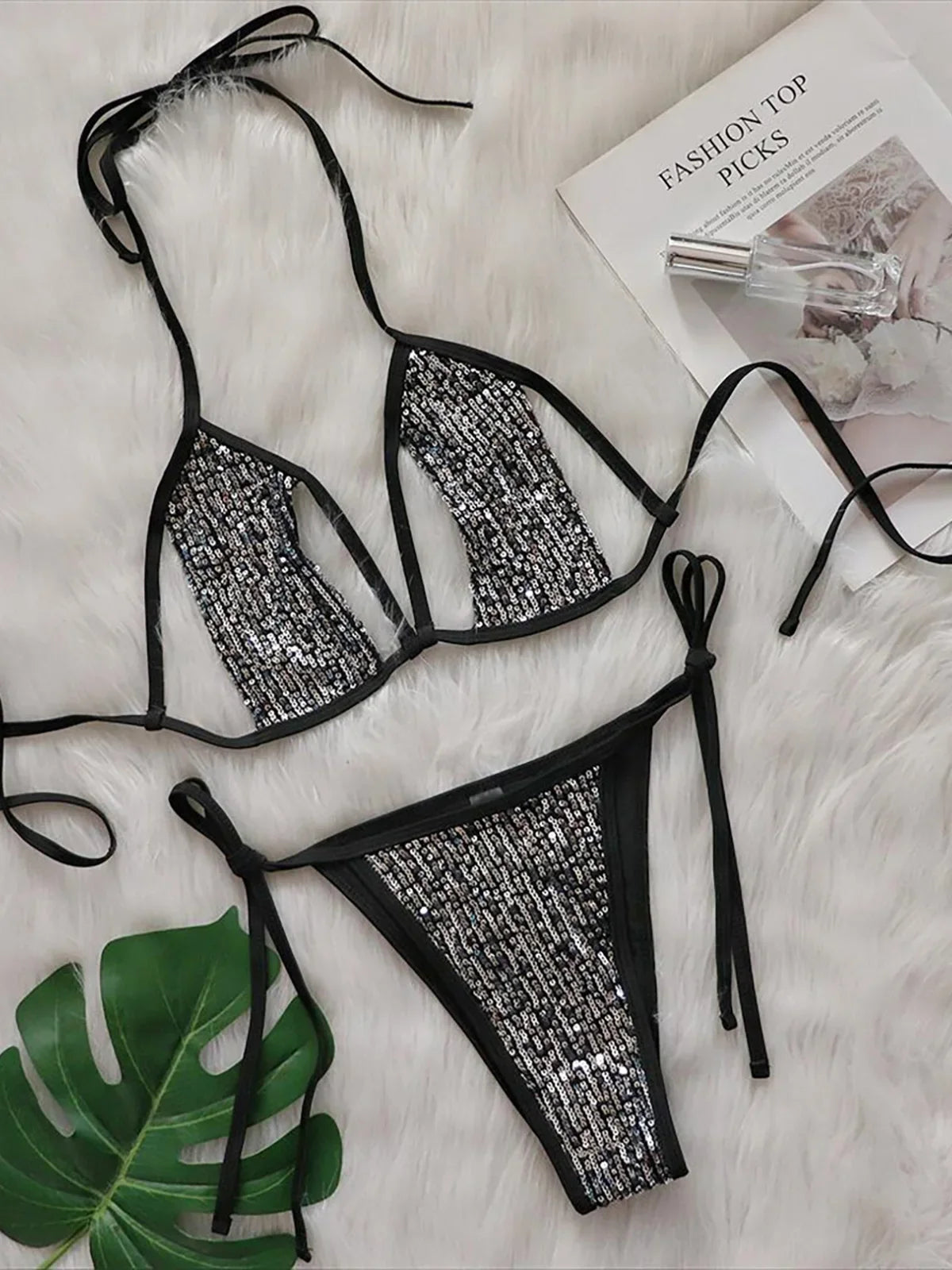 Shiny Sequins Halter Cut Out Strappy Bikini Two-pieces Bikini Set