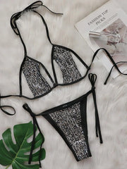 Shiny Sequins Halter Cut Out Strappy Bikini Two-pieces Bikini Set