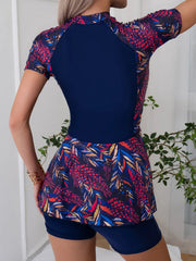 Short Sleeve Slimming Tankini Seted Swimsuit with Print Tummy Control Two Piece Swimsuit Sport Swimsuit