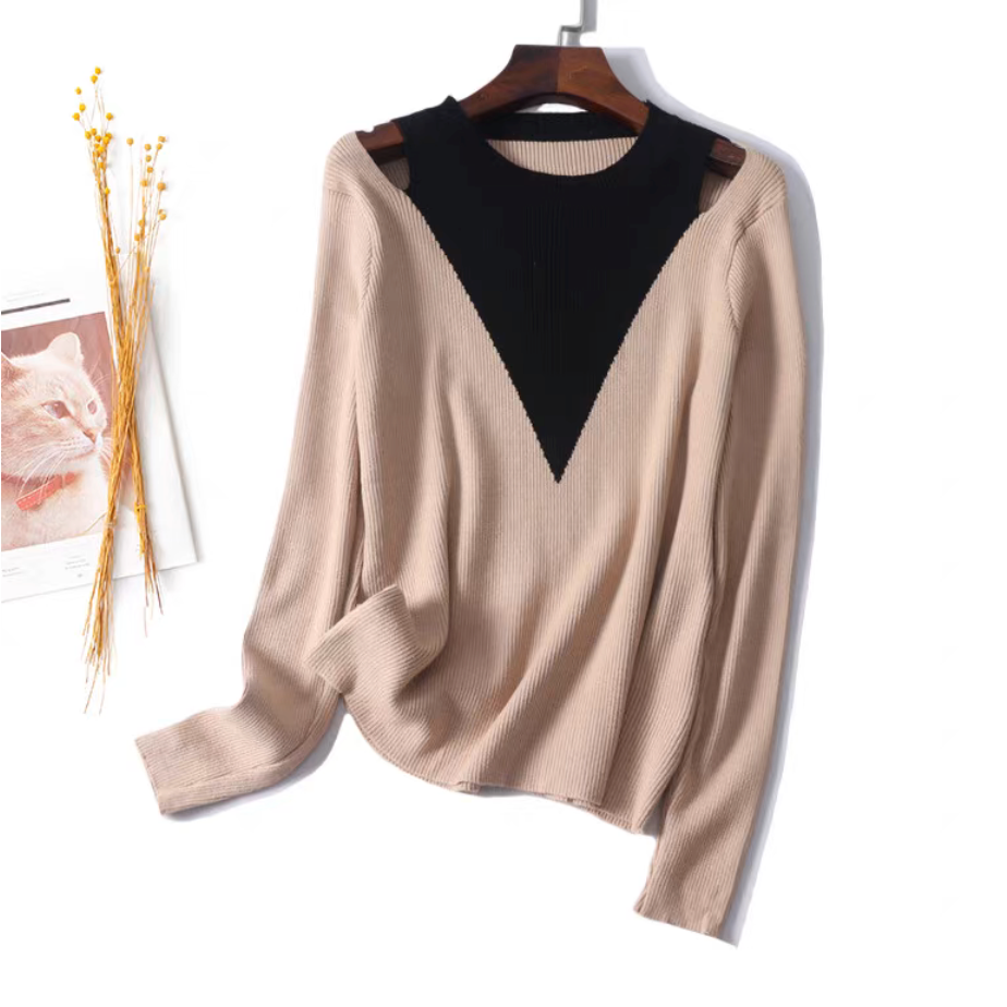 Color Block Mock Neck Fitted Knit Top