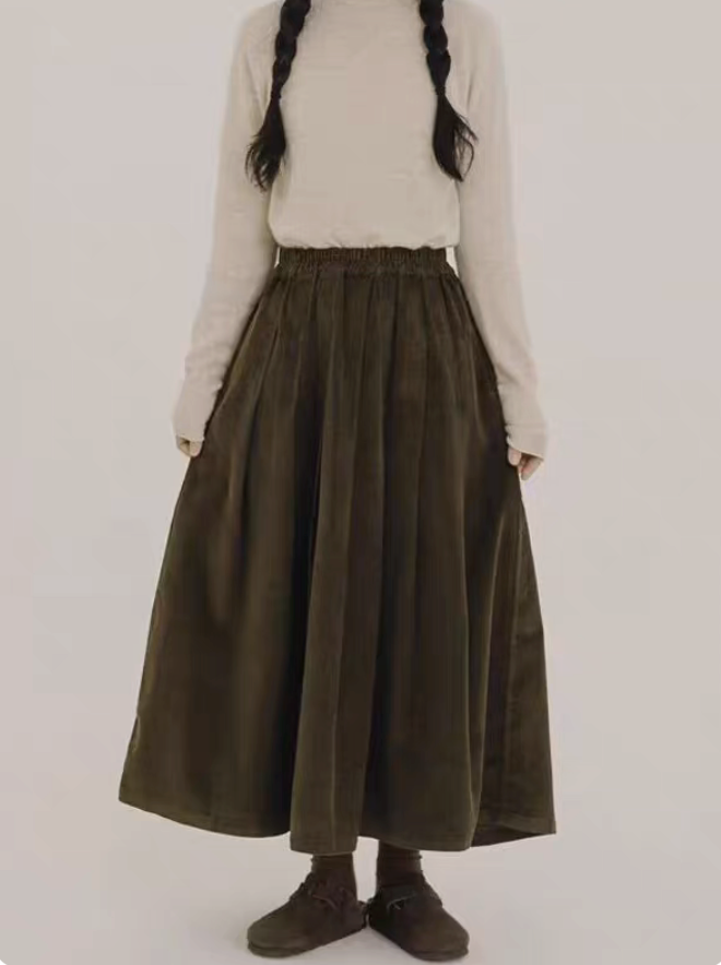 Pleated Corduroy Midi Skirt