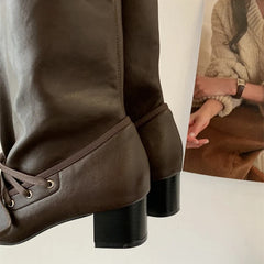 Soft Leather PU Round Toe Lace Up Pleated Knee High Boots