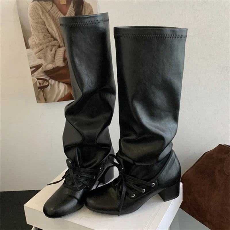 Soft Leather PU Round Toe Lace Up Pleated Knee High Boots