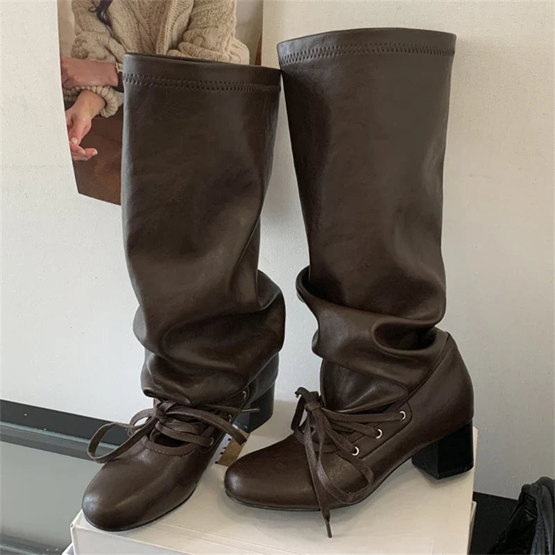 Soft Leather PU Round Toe Lace Up Pleated Knee High Boots