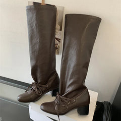 Soft Leather PU Round Toe Lace Up Pleated Knee High Boots