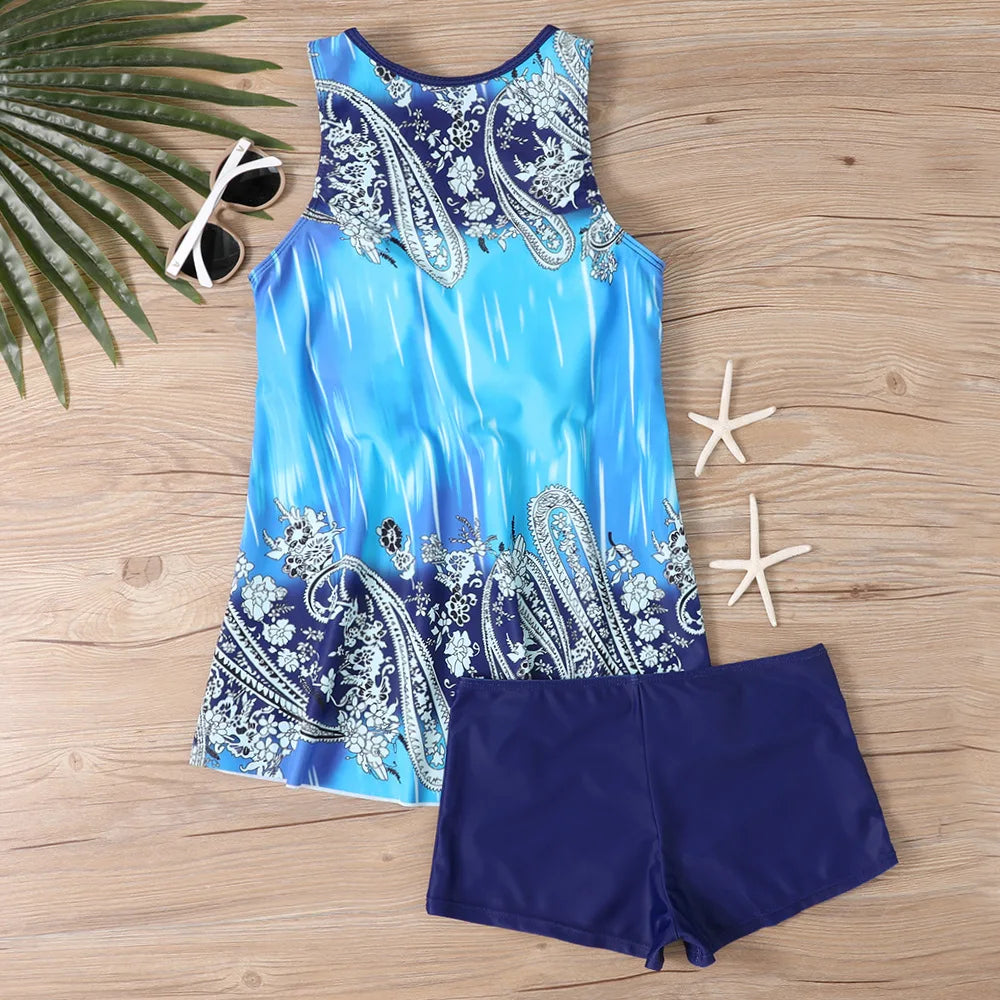 Sporty Rash Guard Tankini Two Piece Breathable & Fast Drying Athletic Swimwear Blue Suit Tankini
