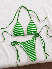 Striped Bikinis Green Two Piece Swimsuit Lace Up Bandage Two Piece Swimsuit Outfit