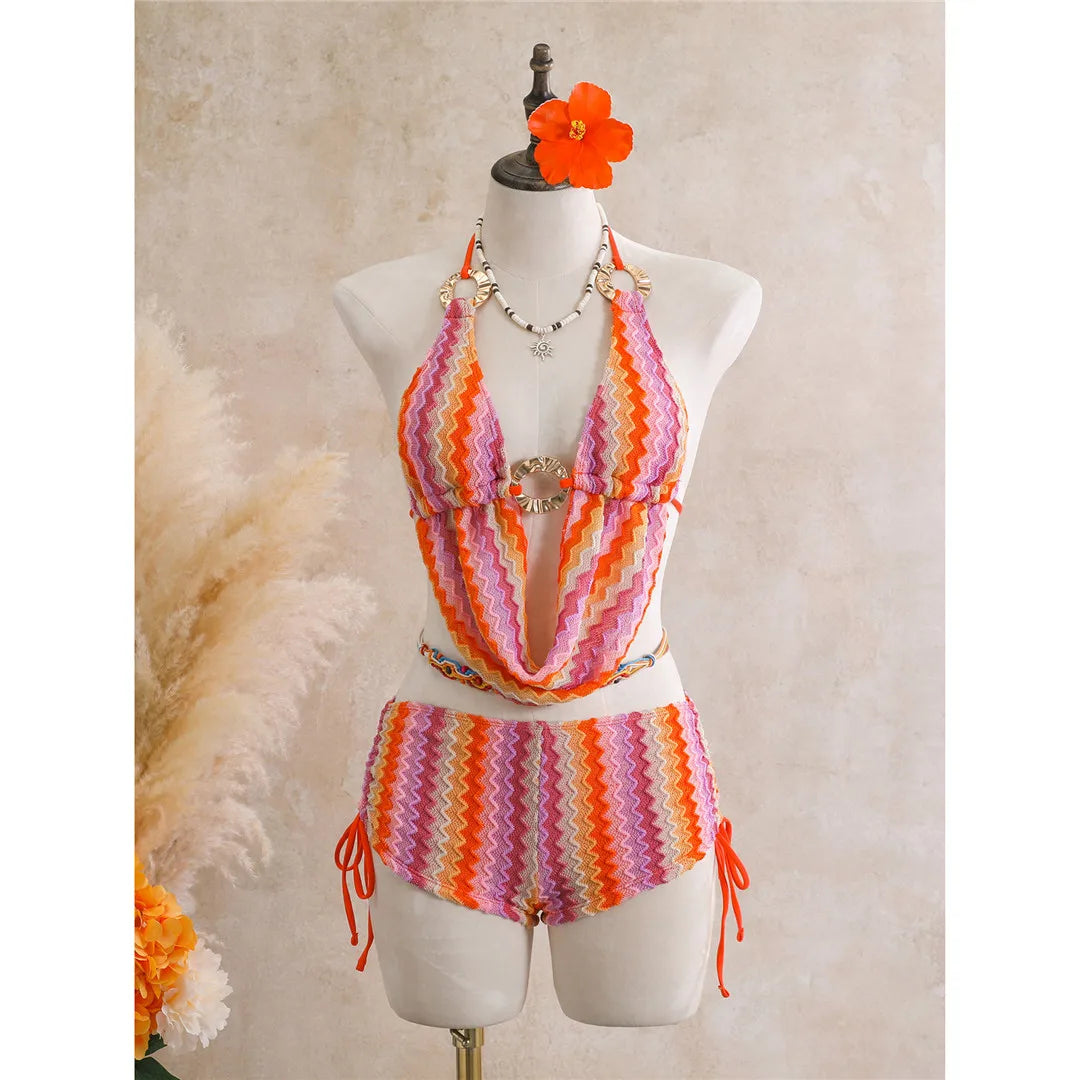 Striped Halter Tankini Bikini Two-pieces Bikini Set