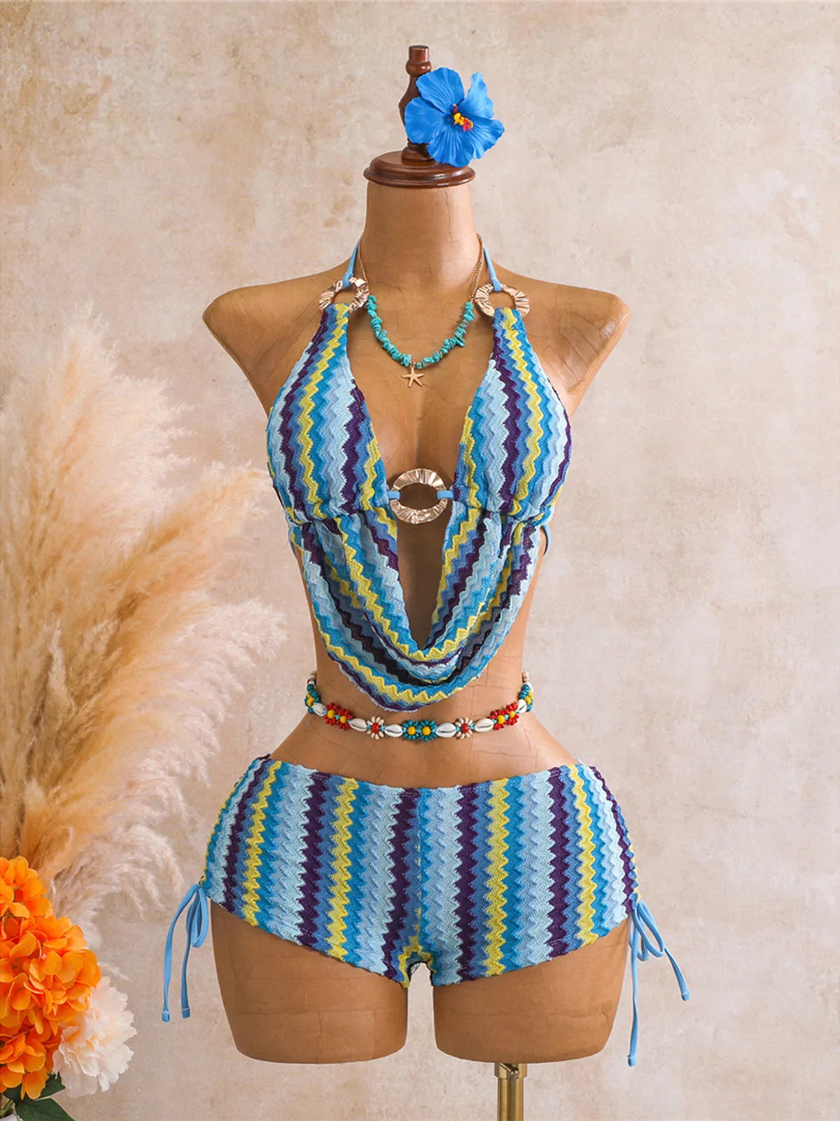 Striped Halter Tankini Bikini Two-pieces Bikini Set