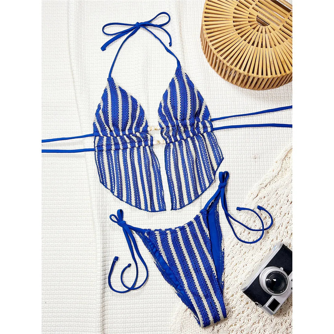 Striped Tankini Halter Bikini Two-pieces Bikini Set