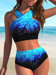 Beachwear Crisscross Bikini Set Digital Print Two-Piece Swimwear Tie-Front Top Bottom