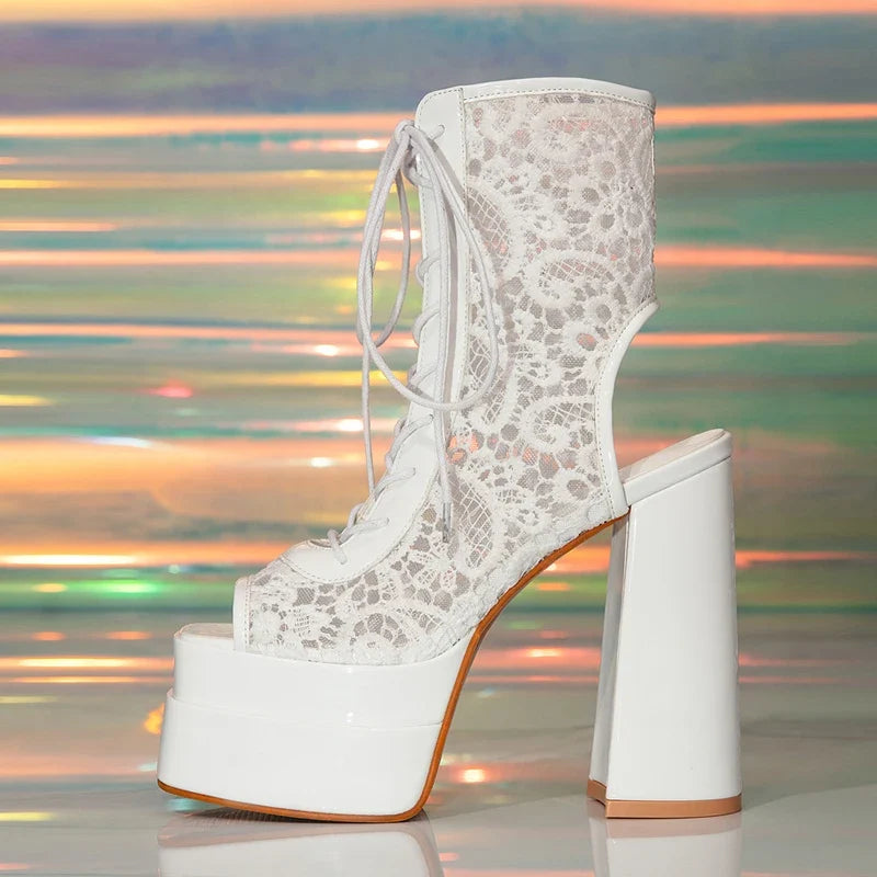 Summer Embroidery Lace Design Chunky Platform Boots
