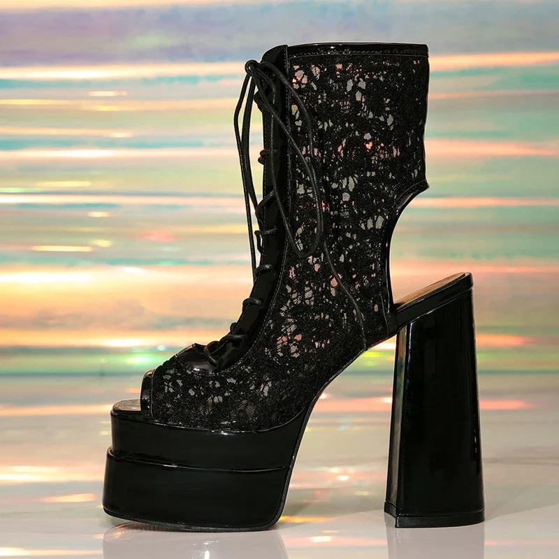 Summer Embroidery Lace Design Chunky Platform Boots