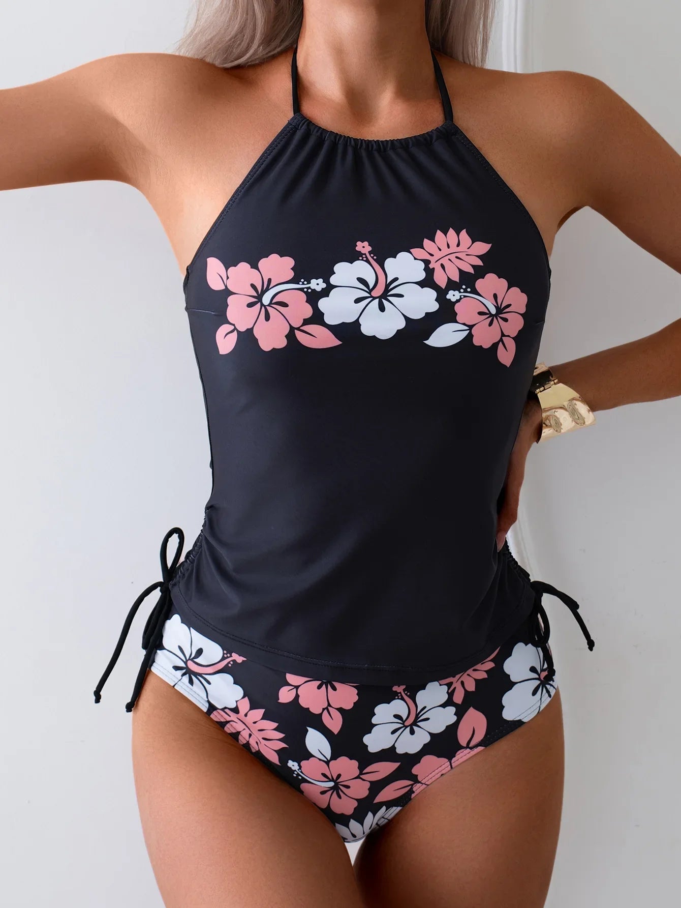 Halter Floral Printed Tops Swimsuited Bikini Set Tummy Control Swimsuit for Two Piece