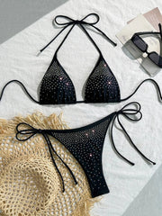 Holiday Black Halter Bikini Setfix Crystal Backless Two Piece Swimsuit for & Thongs Set