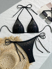 Holiday Black Halter Bikini Setfix Crystal Backless Two Piece Swimsuit for & Thongs Set