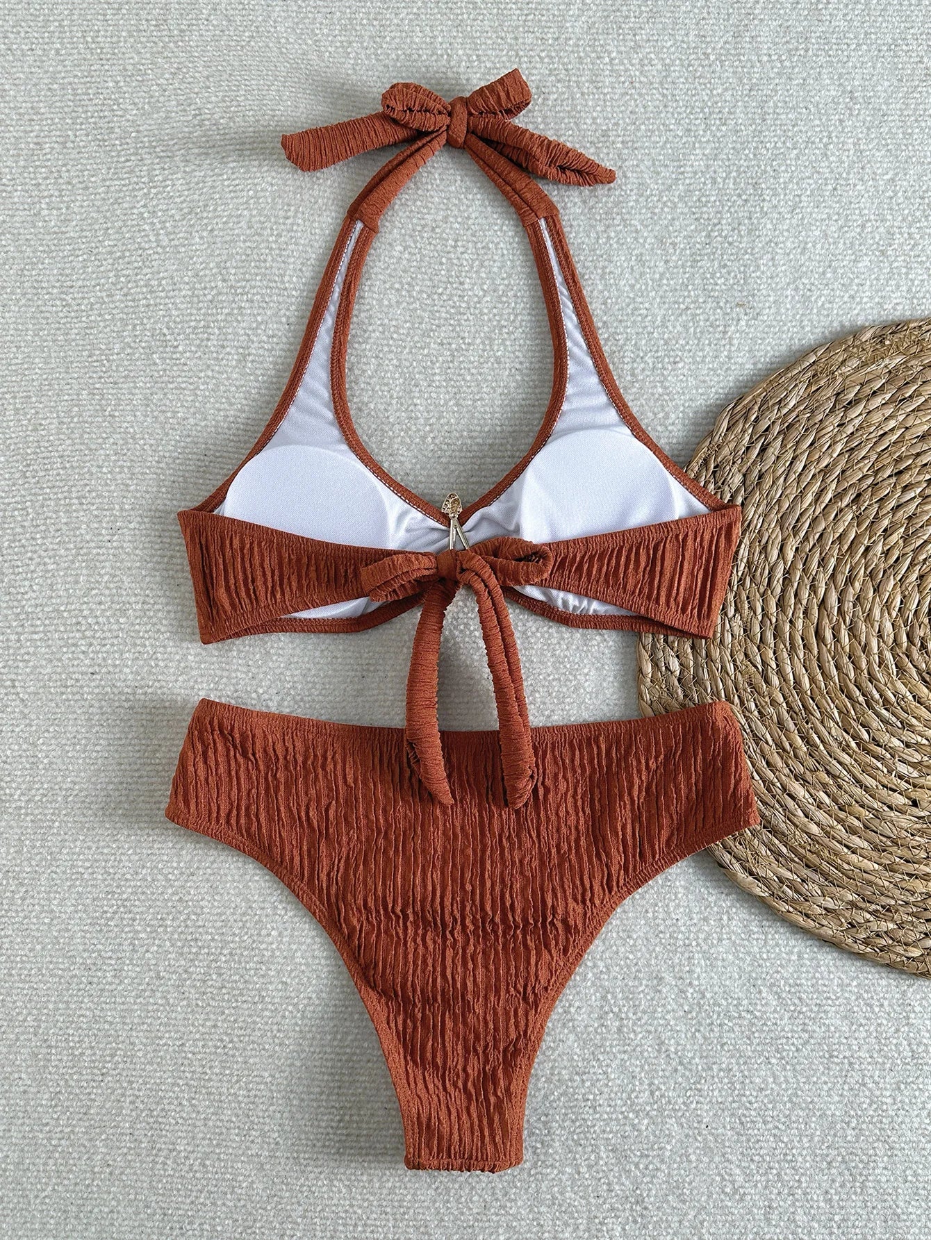 Holiday Solid Color Halter Neck Bikini Set Island Style Swimwear with Back Tie & Cut-Out Design Two Pieces