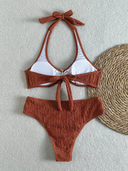 Holiday Solid Color Halter Neck Bikini Set Island Style Swimwear with Back Tie & Cut-Out Design Two Pieces