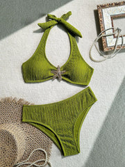 Holiday Solid Color Halter Neck Bikini Set Island Style Swimwear with Back Tie & Cut-Out Design Two Pieces