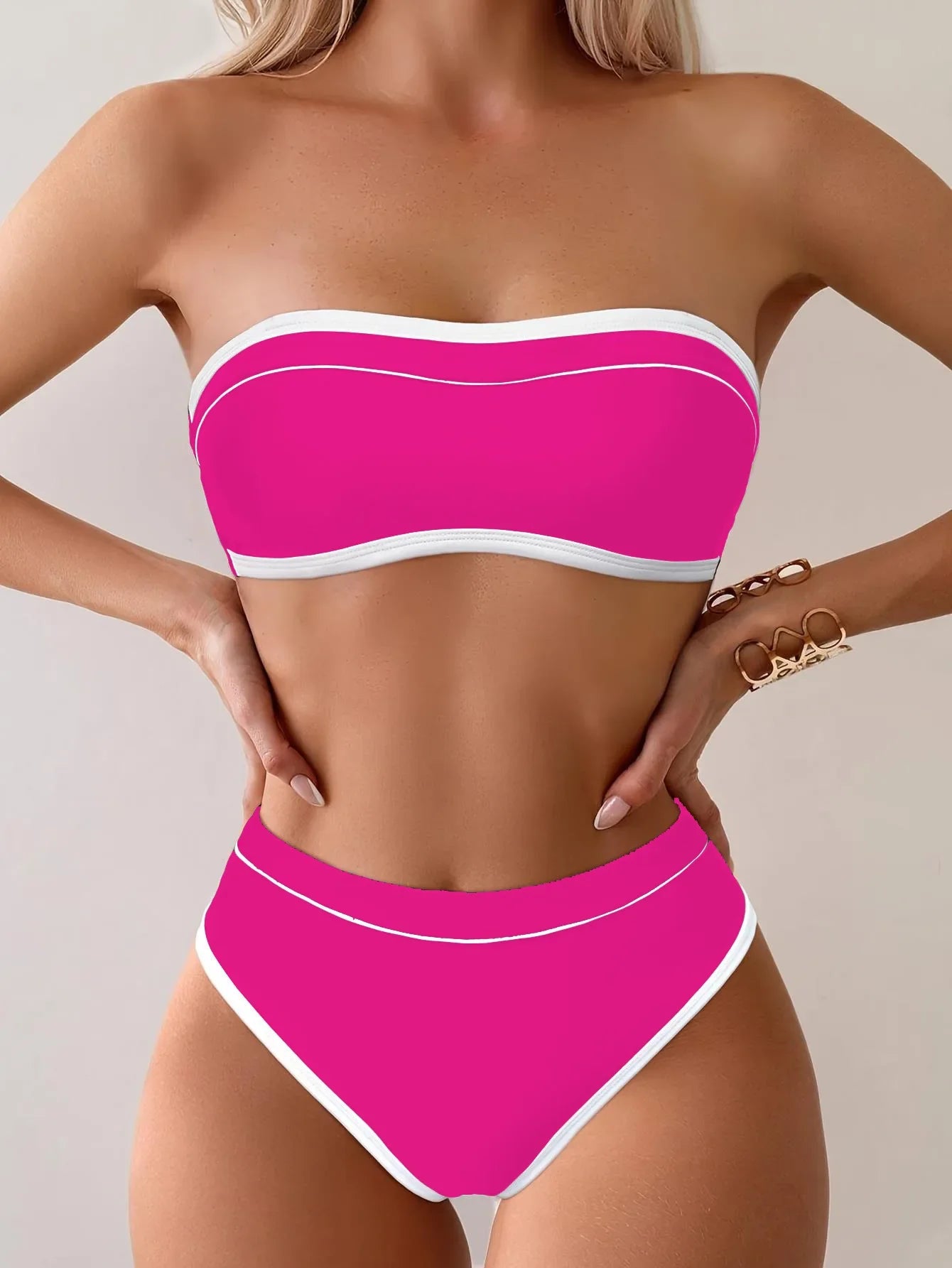 Two Piece Bikini Set - Solid Color Bandeau Top Bottom Two-Piece Swimwear In The Sea
