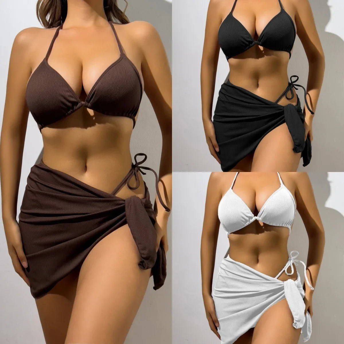 Bikini Sets 3Pieces Swimsuit Lace Up Open Back Bechwear With Panties Mini Asymmetrical Split Dress