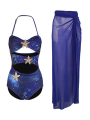 Straps Halter One Piece Swimming Bikini Suit With Long High Split Two Piece Swimwear