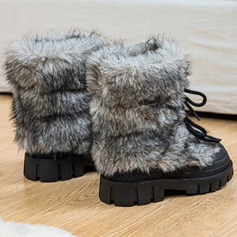 Sweet Black Lace-up Bow Platform Snow Boots