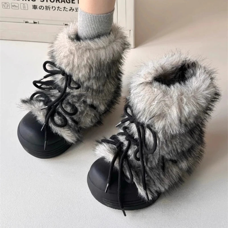 Sweet Black Lace-up Bow Platform Snow Boots