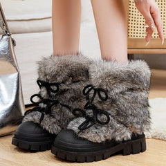 Sweet Black Lace-up Bow Platform Snow Boots