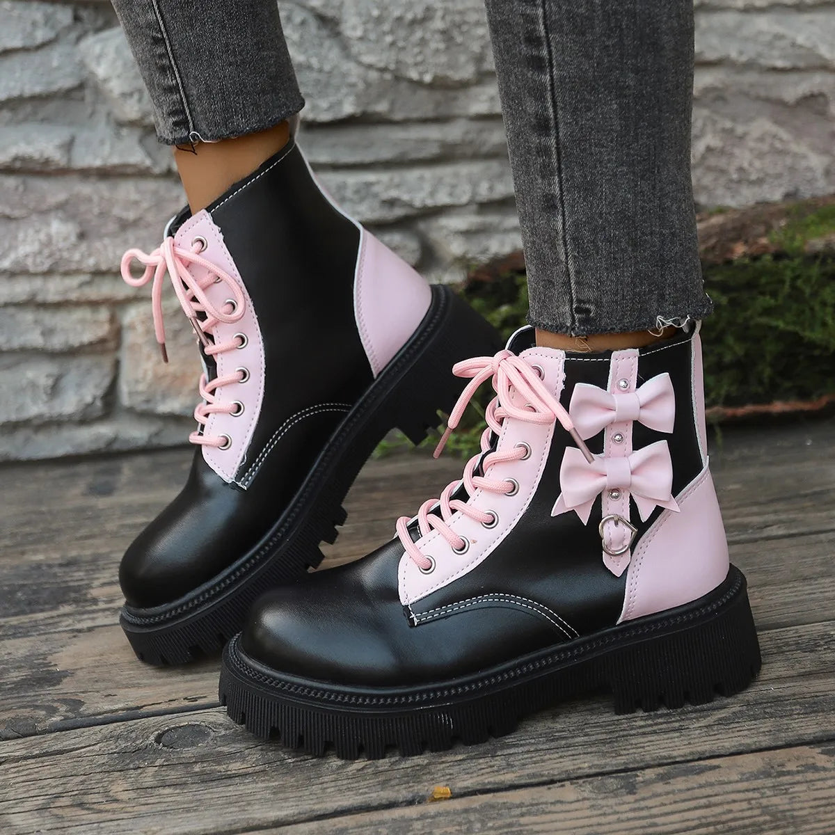 Sweet Pink Bowknot Mix Color Ankle Boots