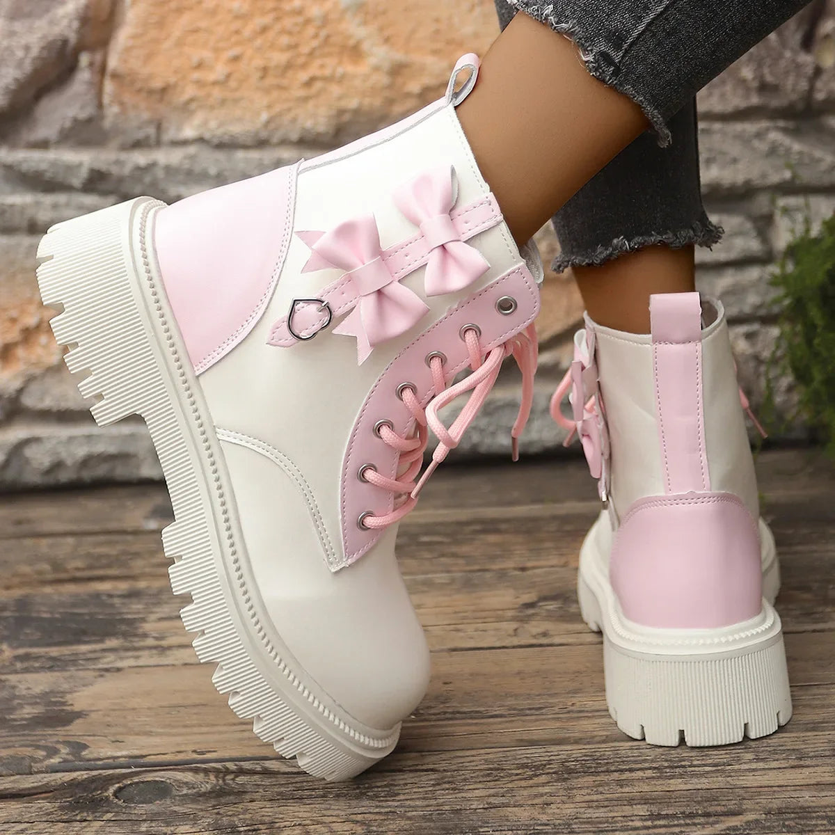 Sweet Pink Bowknot Mix Color Ankle Boots