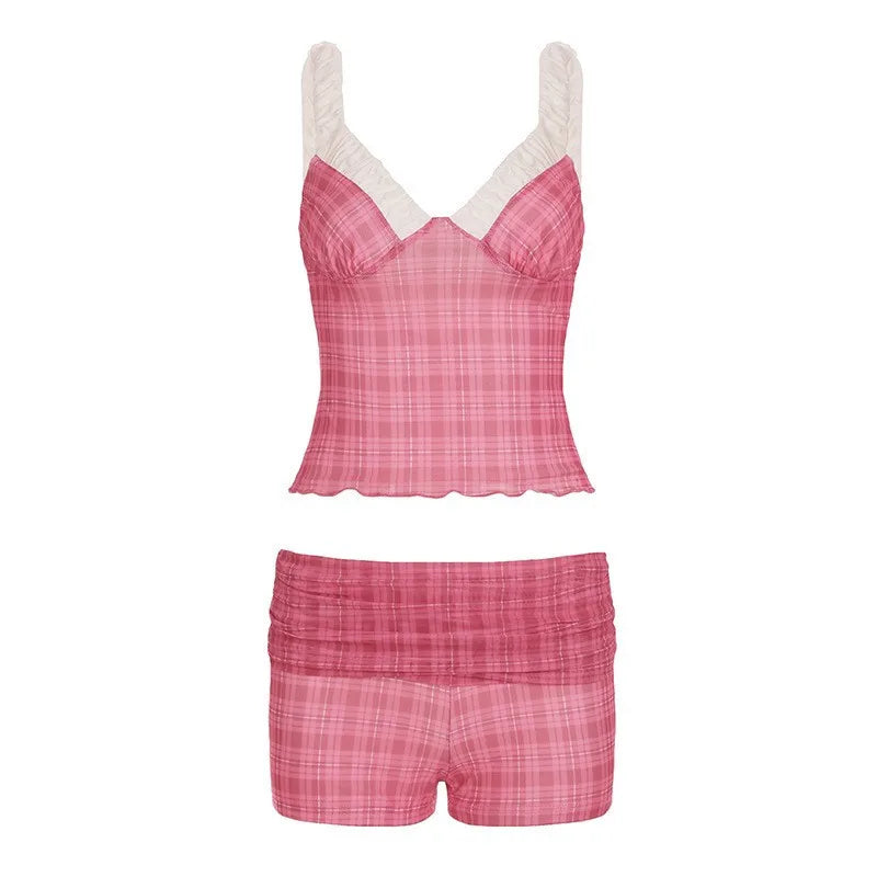 Sweetheart Checkered Bikini Tiered Mesh Halter & Contrast Low Waist Romantic Style Bikini Tops