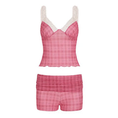 Sweetheart Checkered Bikini Tiered Mesh Halter & Contrast Low Waist Romantic Style Bikini Tops