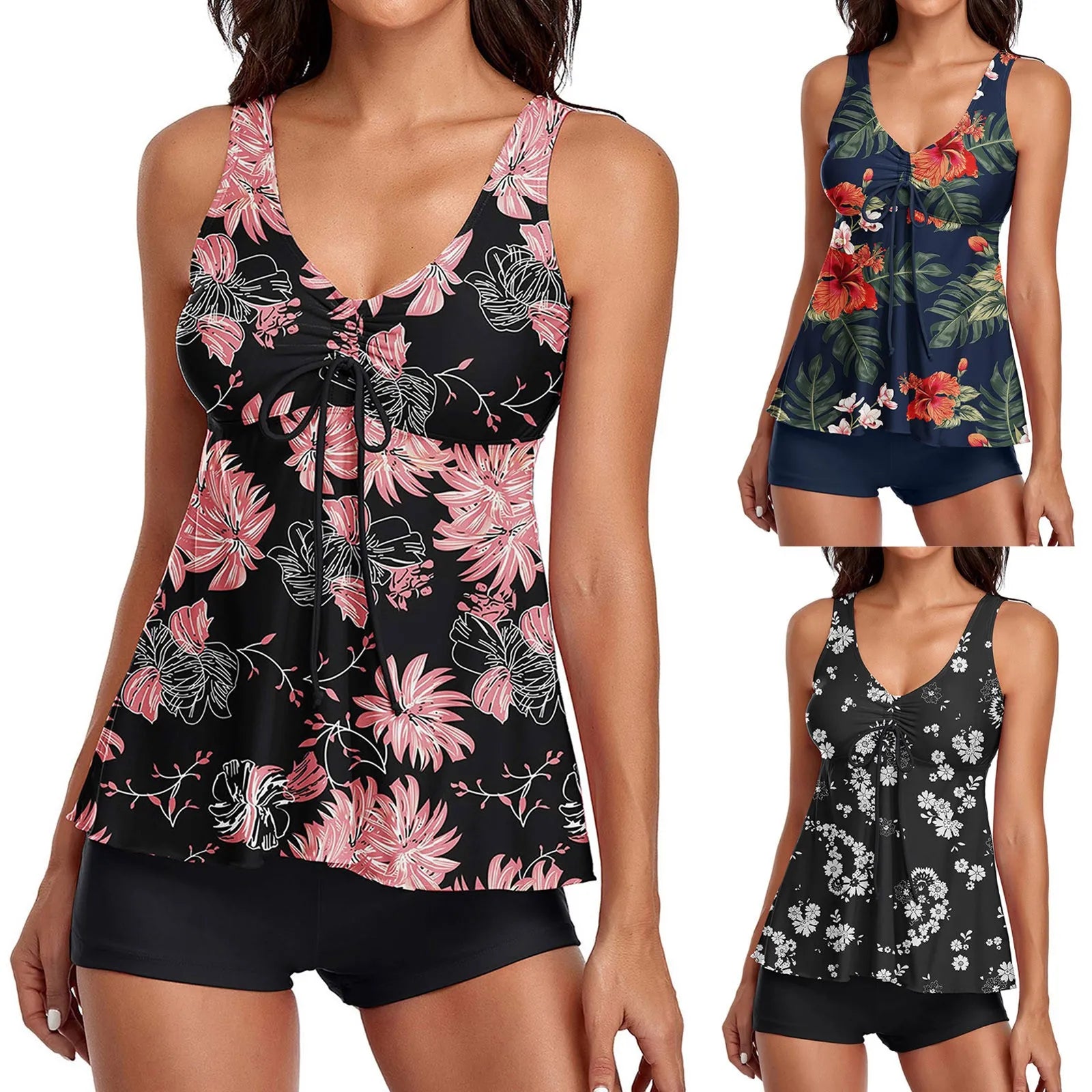 Swimwear Set Floral Print High Neck Bikini with Cover Ups Conservative Two-Piece Bathing Tank Top Swim