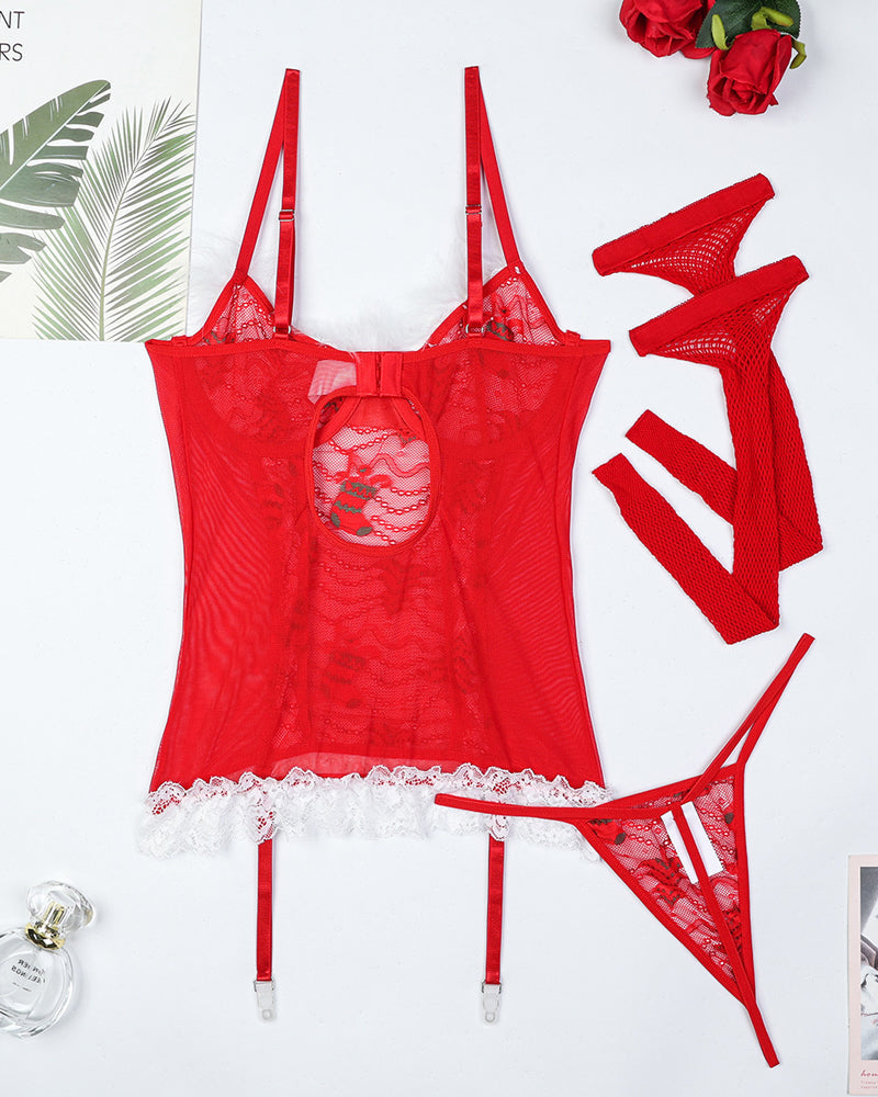 Christmas Lace Mesh Sheer Lingerie Set with Stockings