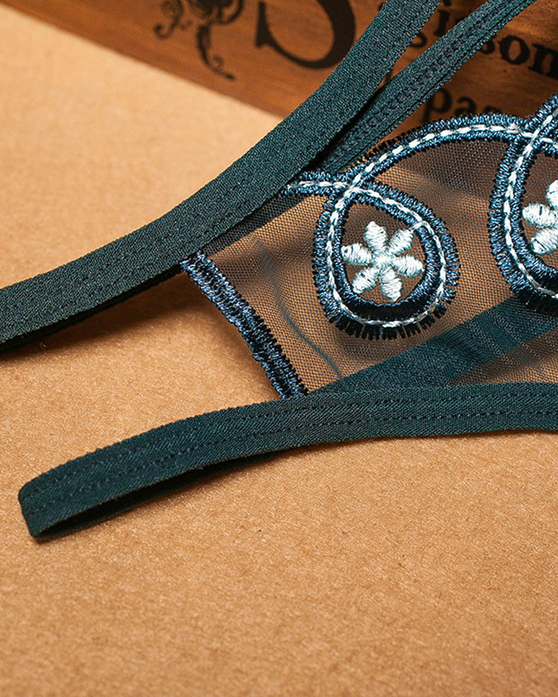 Embroidered Sheer Mesh Thong