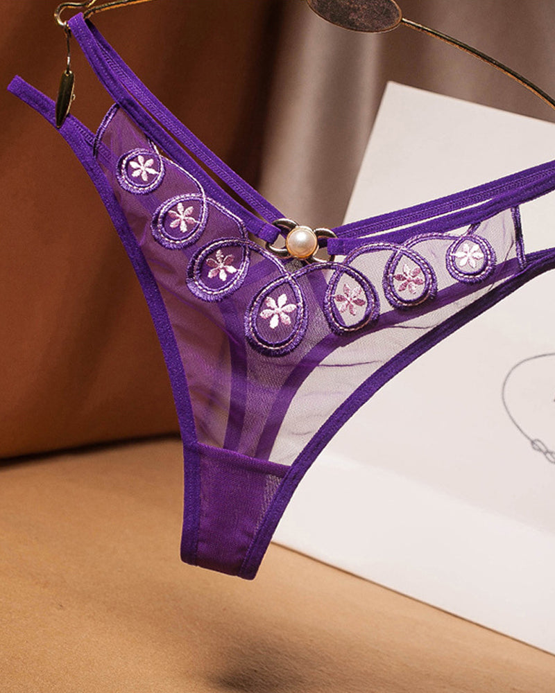 Embroidered Sheer Mesh Thong