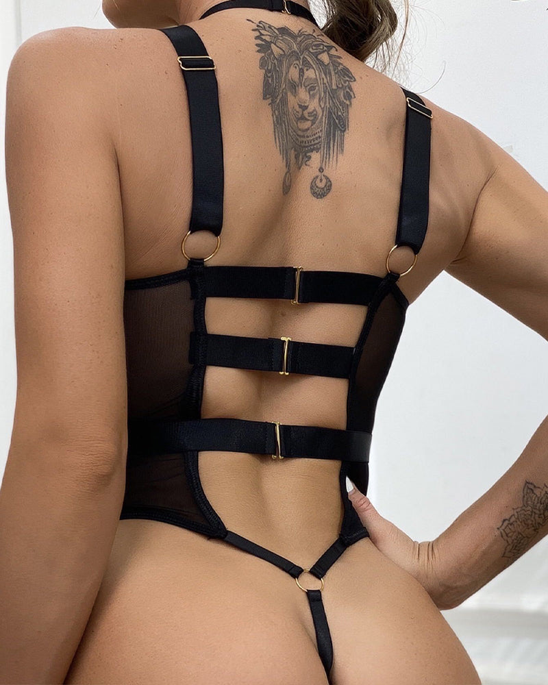 Criss-cross Halter Neck Mesh Breathable Bodycon Lingerie Bodysuit