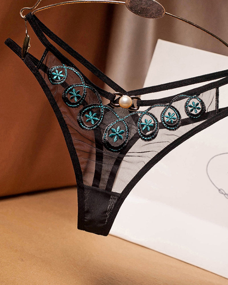 Embroidered Sheer Mesh Thong