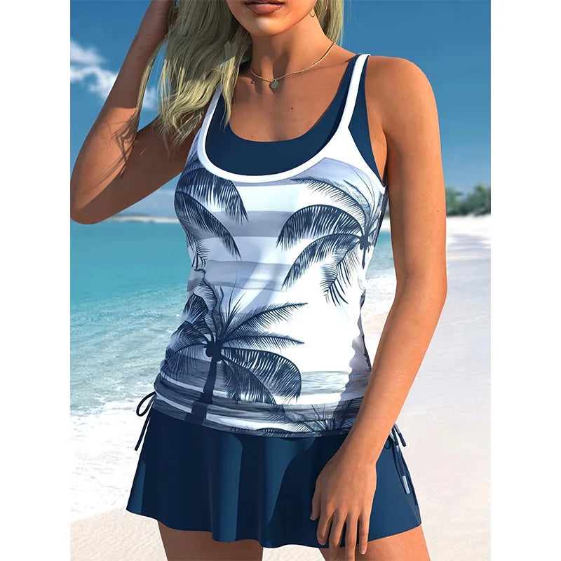 Two Piece Tropical Leaf Print Bikini Set Conservative Tankini Bathing Suit Swimwear