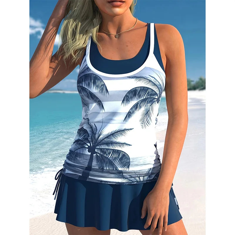 Two Piece Tropical Leaf Print Bikini Set Conservative Tankini Bathing Suit Swimwear