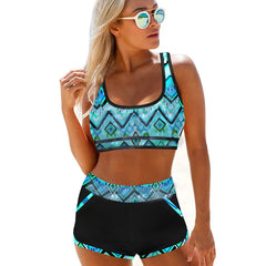 Utility Pocket Tummy Control Two Piece Bikini Set Printed Two Piece Sporty Swimsuit